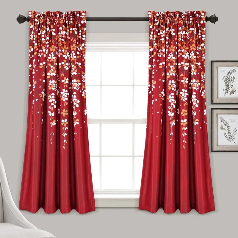 Red Floral Blackout Polyester Rod Pocket Window Panels