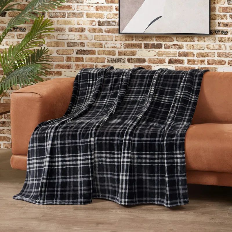 Beige and Navy Plaid Faux Fur Reversible Throw Blanket 50" x 70"