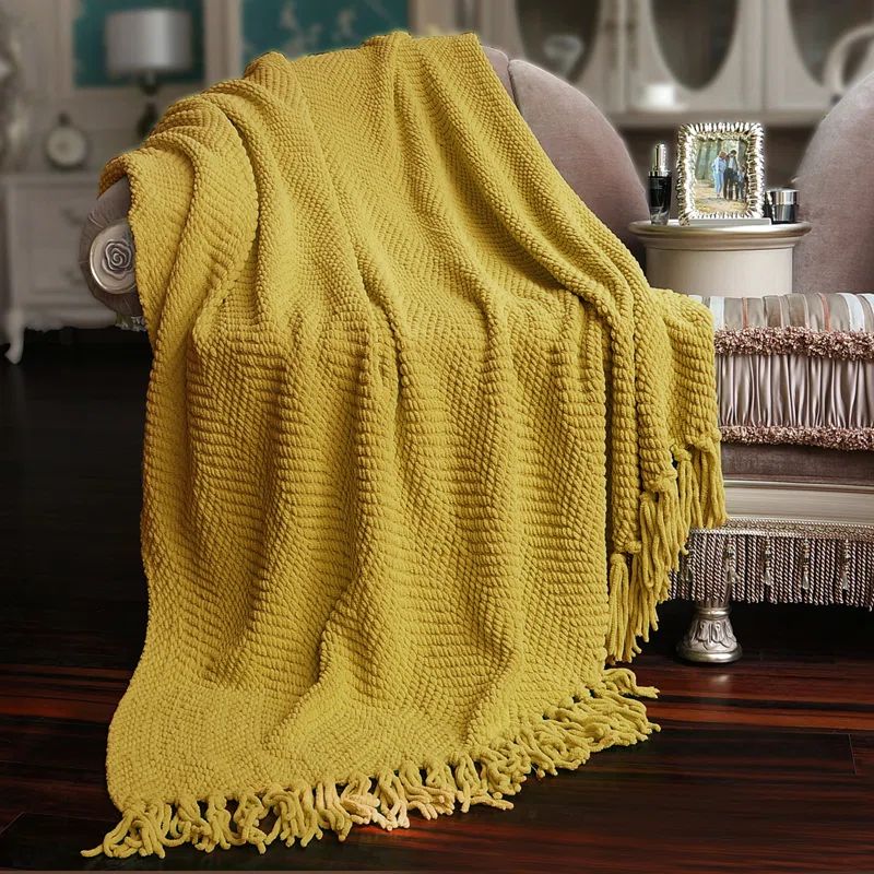 Lemon Curry Knitted Reversible Throw Blanket, 50"x60"