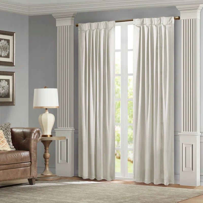 White Pleated Light-Filtering Polyester Window Curtain Panel