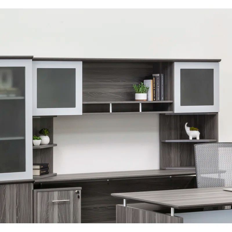 Gray Steel Laminate Hutch with Frosted Glass Doors