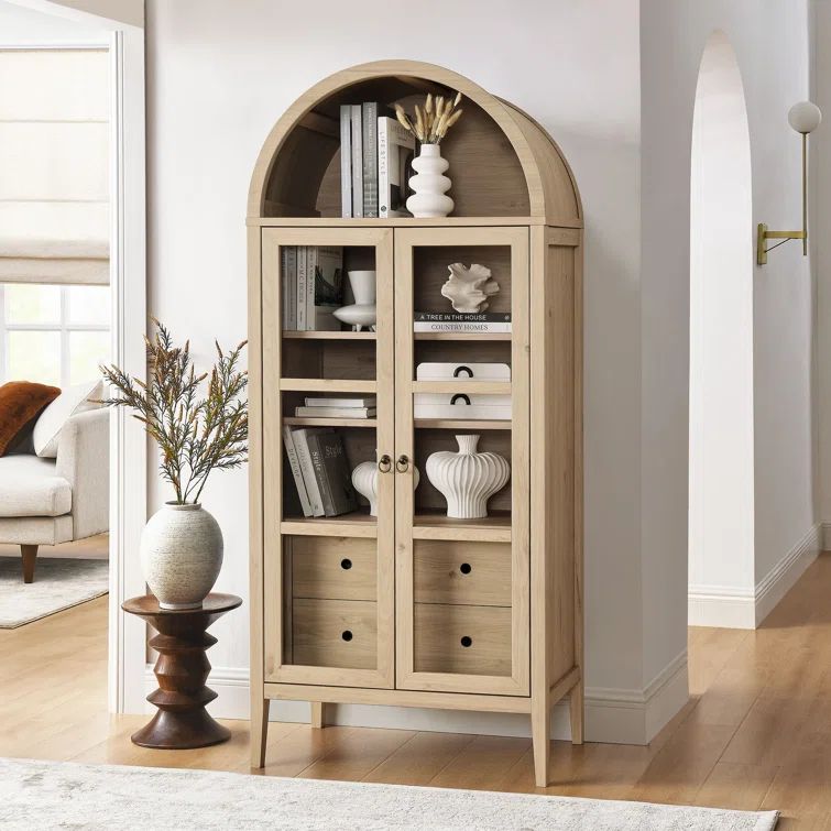 Light Oak Tall Arched Storage Display Cabinet with Glass Doors