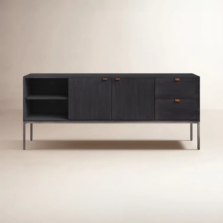 Black Wash Poplar and Iron Media Console with Cabinets and Drawers