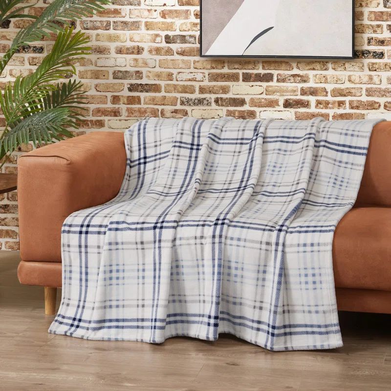 Blue and White Plaid Microfiber Fleece Throw Blanket, 50" x 70"