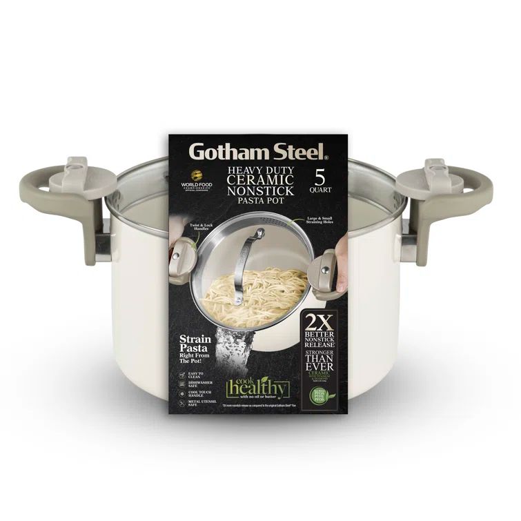 Cream Aluminum 5 Qt Nonstick Pasta Pot with Strainer Lid