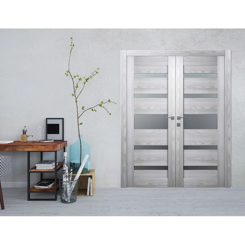 Reversible Frosted Glass Pine Wood French Doors in Rebeira Ash Finish