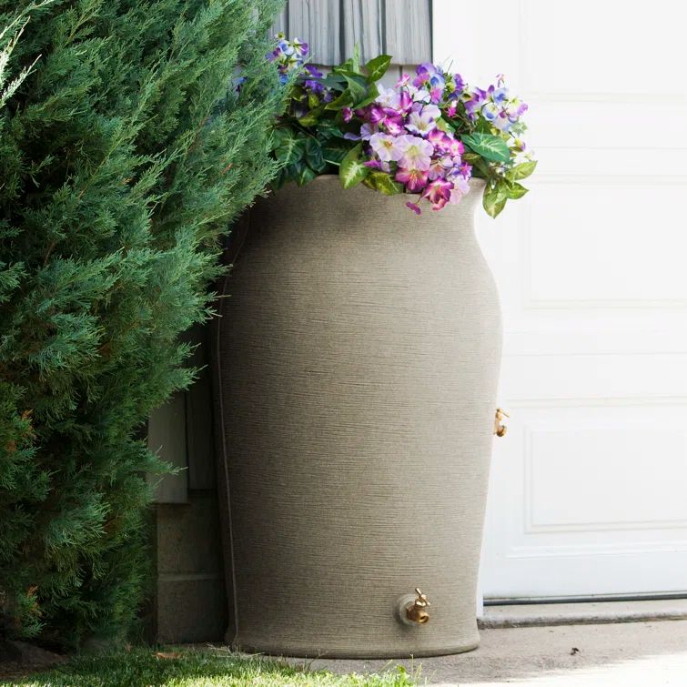 Sandstone Plastic Rain Barrel with Planter Top