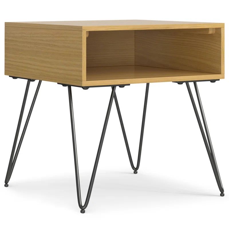 Hunter 22 Inch Oak Veneer Industrial End Table with Metal Hairpin Legs
