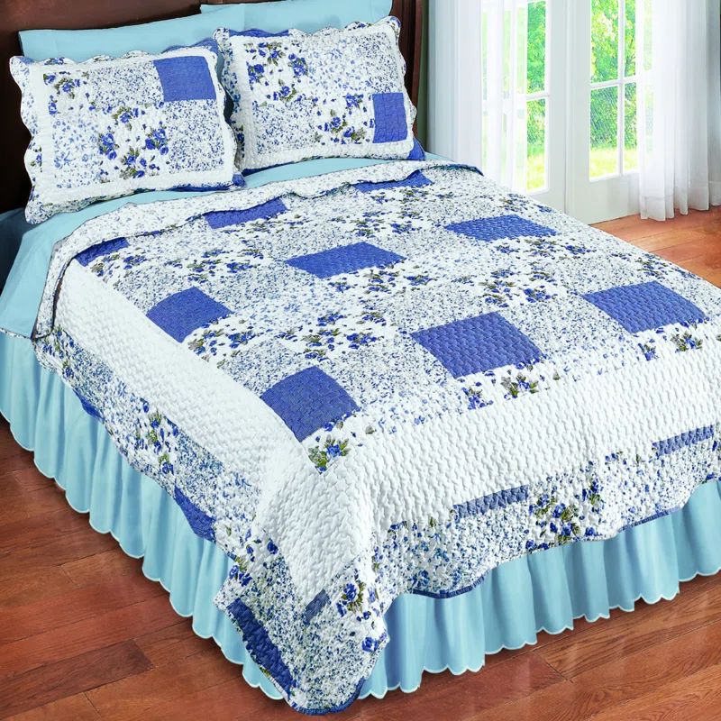 Hadley Blue King Reversible Floral Patchwork Quilt
