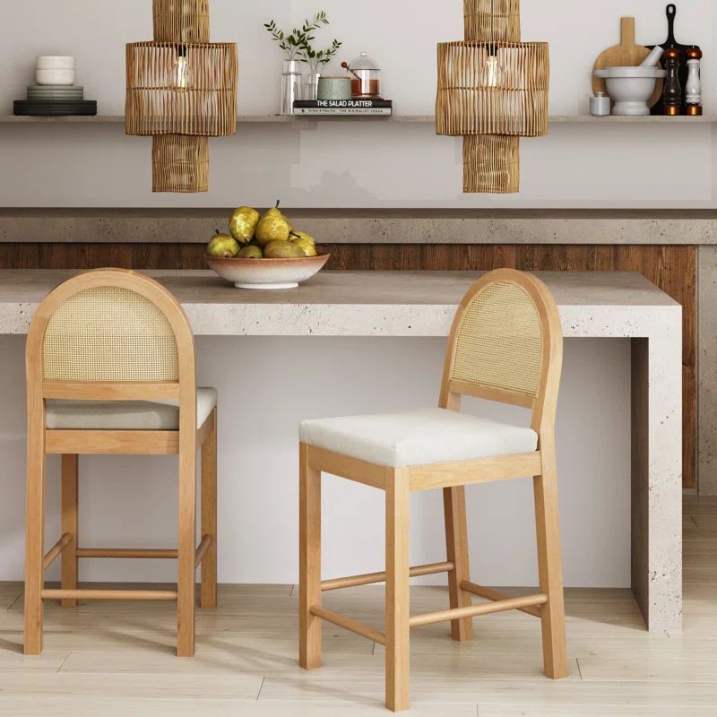 Light Oak and Rattan Counter Height Bar Stools with Boucle Seats, Set of 2
