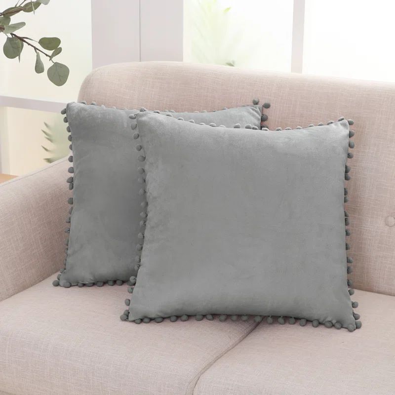 Gray Velvet Pom-Pom Trim Euro Pillow Covers, 22x22, Set of 2