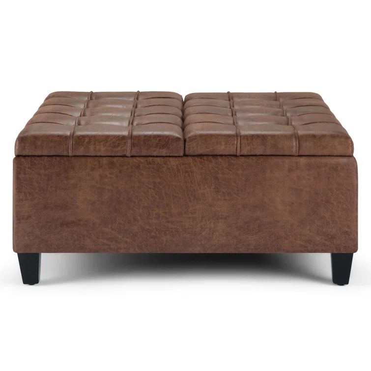 Harrison Distressed Umber Brown Faux Leather Tufted Cocktail Ottoman