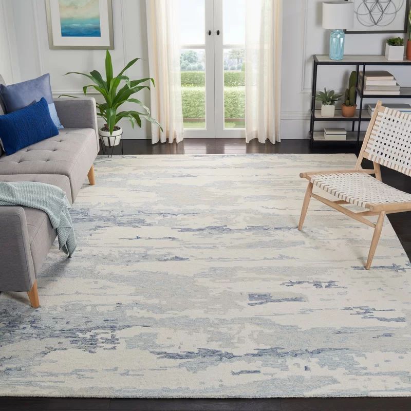 Ivory and Blue Abstract Hand-Tufted Wool 8' x 10' Rug