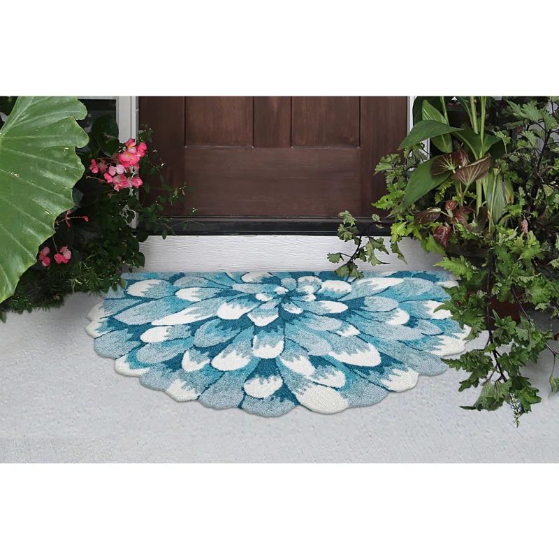 Aqua and White Tufted Synthetic Floral Half Circle Rug