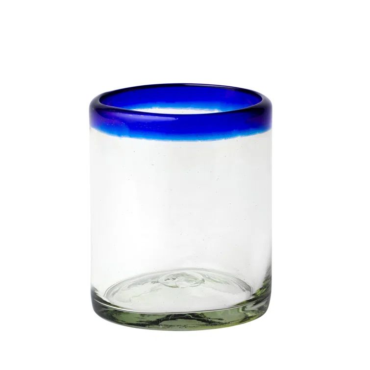 Handblown Mexican Glass Set with Cobalt Rim, 4.25" Tall