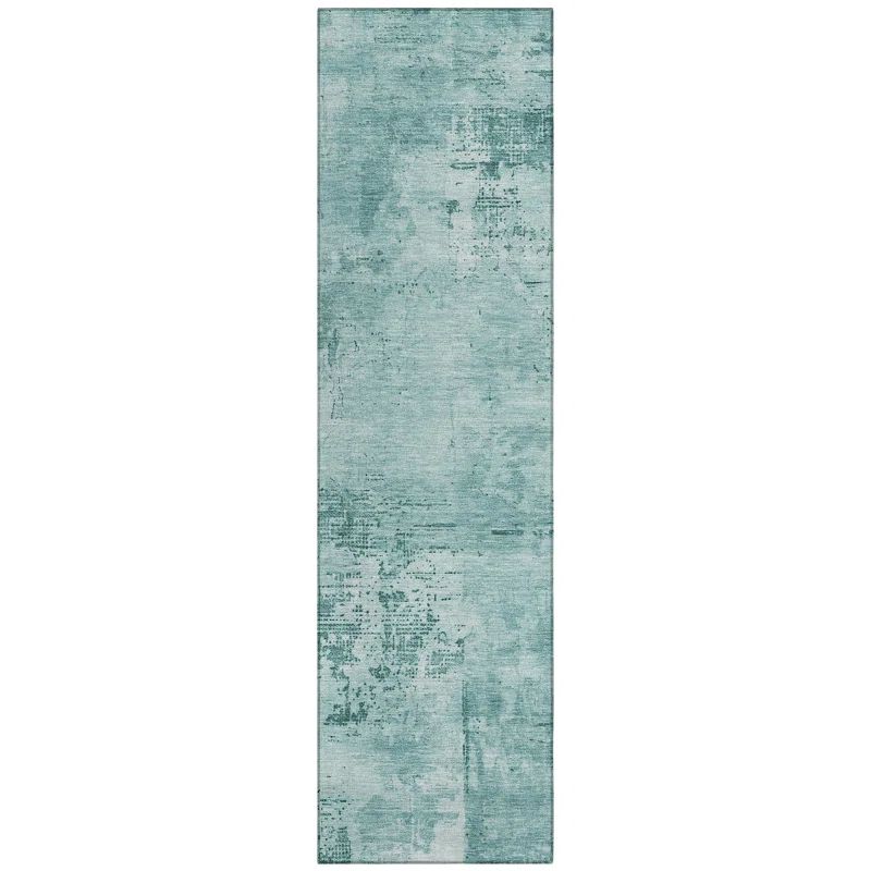 Teal Abstract Washable Synthetic Indoor/Outdoor Runner Rug