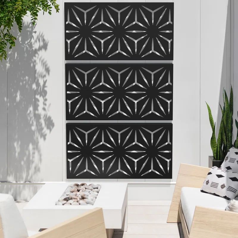 Black Geometric Plastic Privacy Screen Panels Set of 3