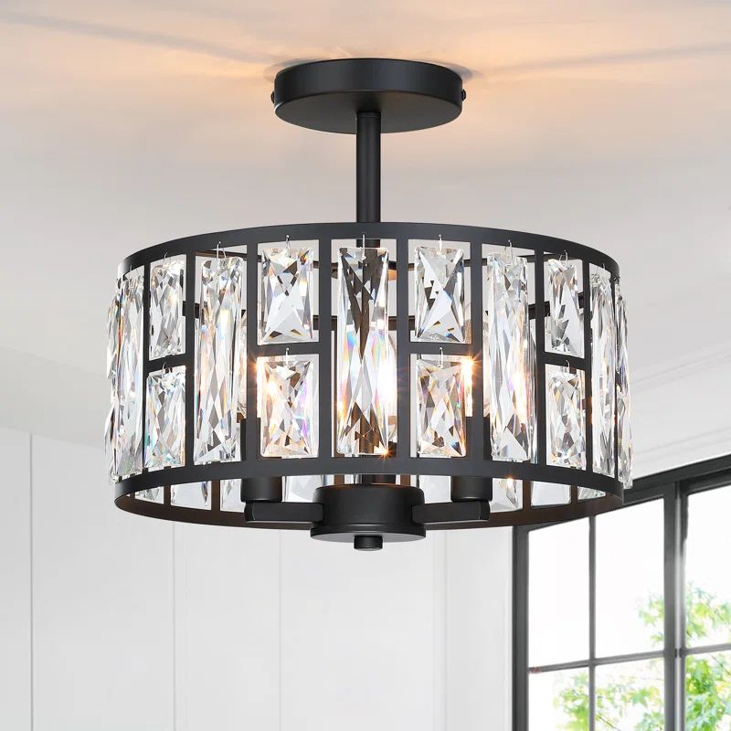 Black Metal and Crystal Semi Flush Mount Ceiling Light, 12 Inch