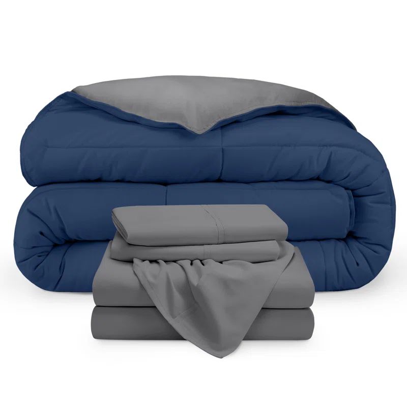 King Dark Blue and Grey Reversible Microfiber Bed-in-a-Bag Set