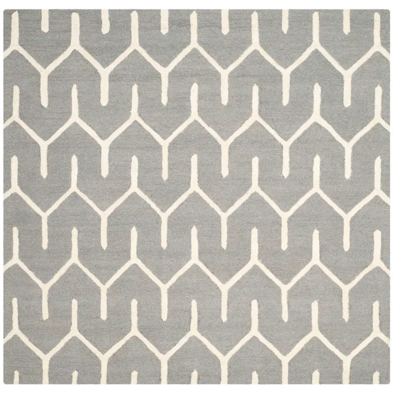 Gray and Ivory Hand-Tufted Wool Geometric 6' x 6' Rug