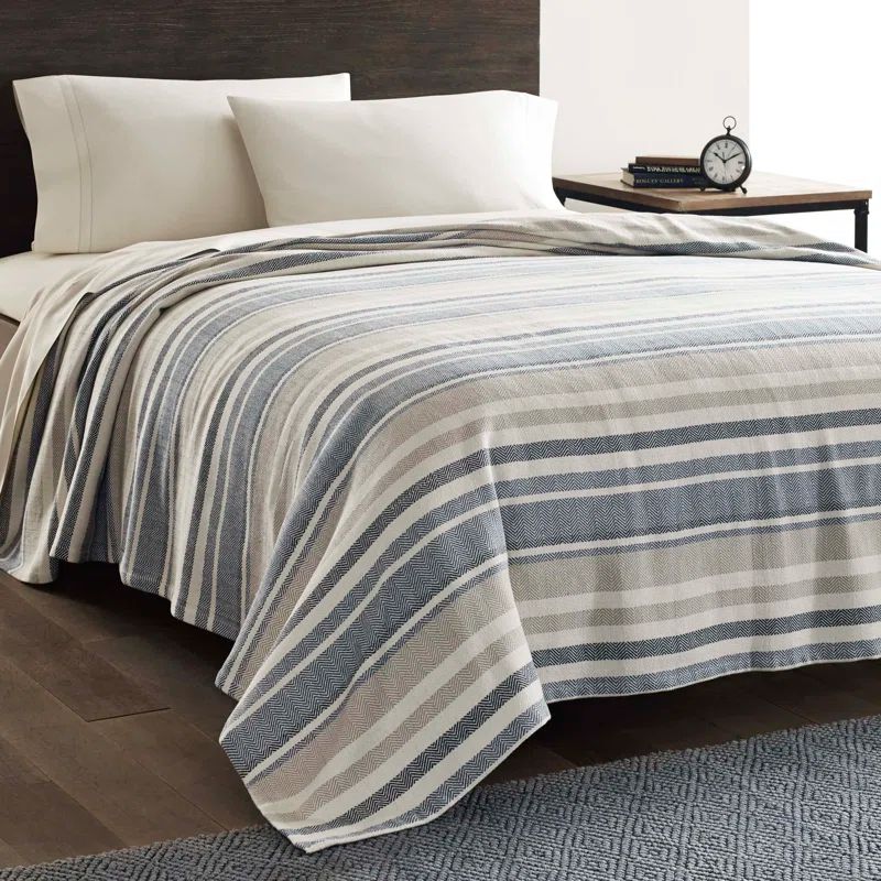 Herringbone Soft Touch Cotton Full-Size Blue Stripe Blanket