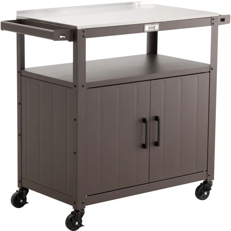 Brown Outdoor Grill Cart with Stainless Steel Tabletop and Storage Cabinet