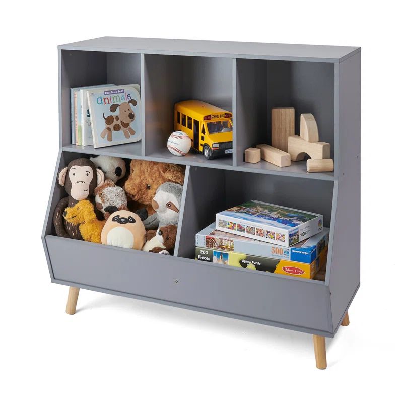 Gray Wooden 5-Bin Kids Toy Storage Organizer with Feet
