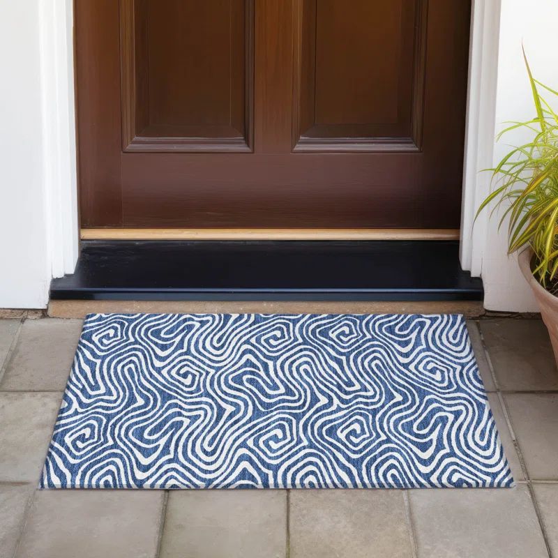 Navy Rectangular Synthetic Washable Rug, 1'8" x 2'6"