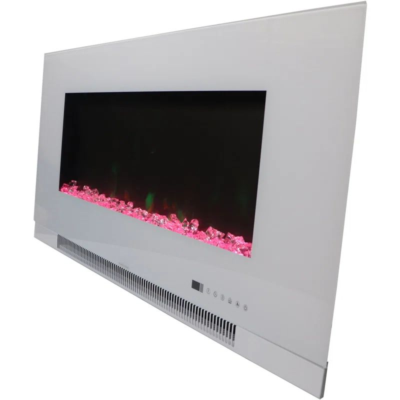 42-Inch White Wall-Mount Electric Fireplace with Multi-Color LED Flames and Crystal Rock Display