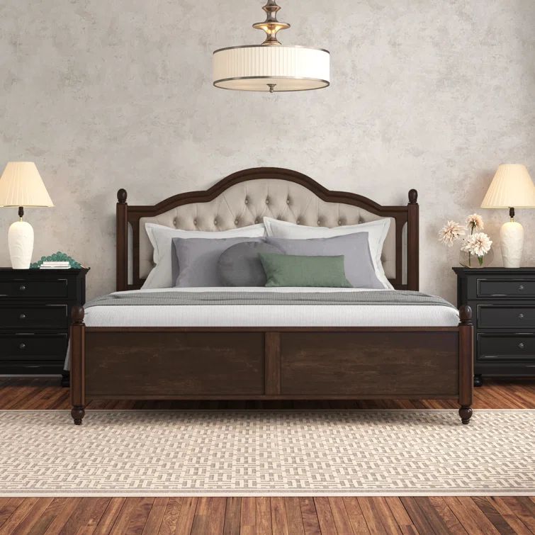 King Size Dark Brown Solid Wood Bed Frame with Tufted Upholstered Headboard