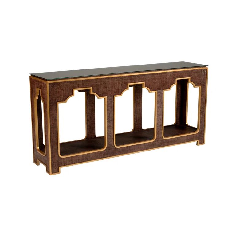 Yangon Brown Wood Console Table with Clear Glass Top