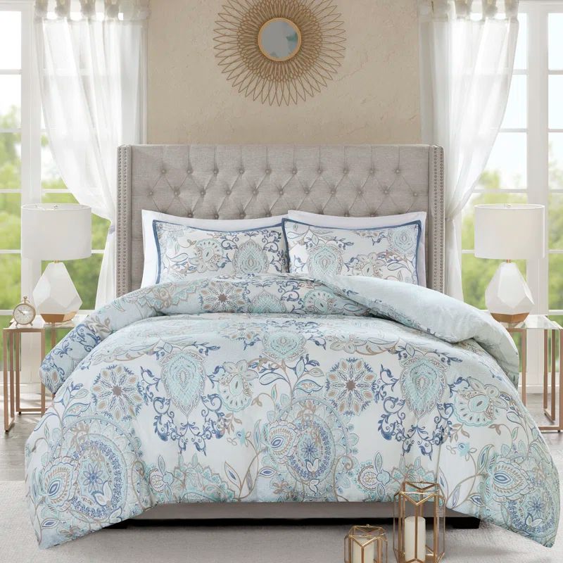 Boho-Chic Blue Floral Cotton King/Cal King Duvet Set
