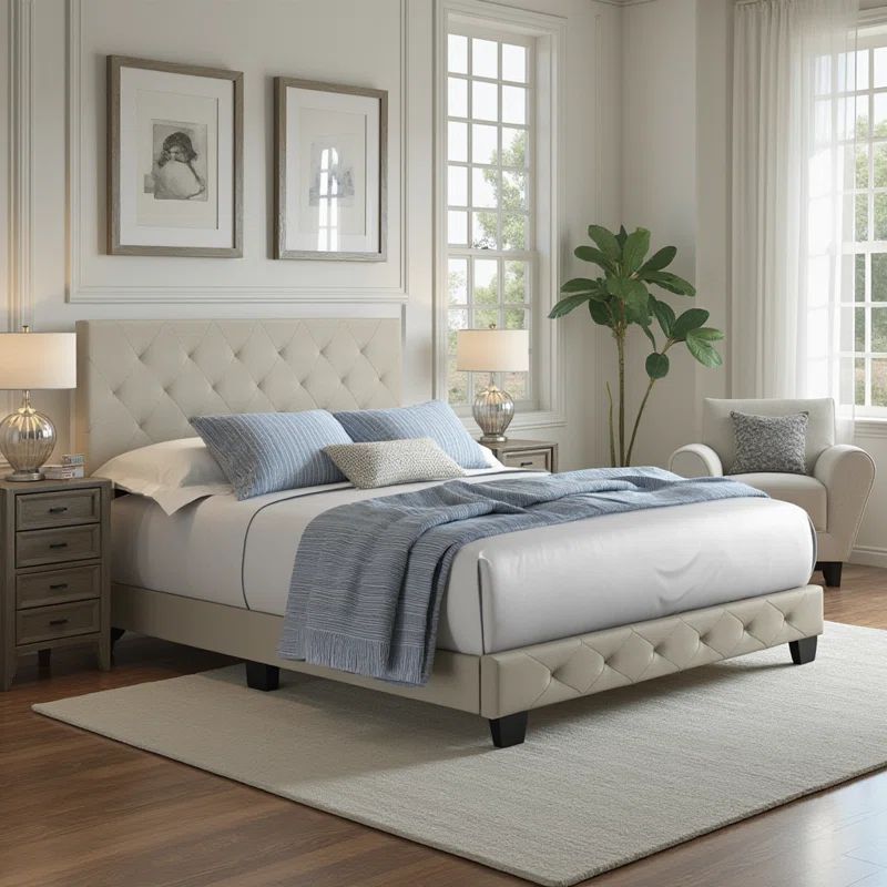 Full Blue Linen Upholstered Platform Bed with Tufted Headboard