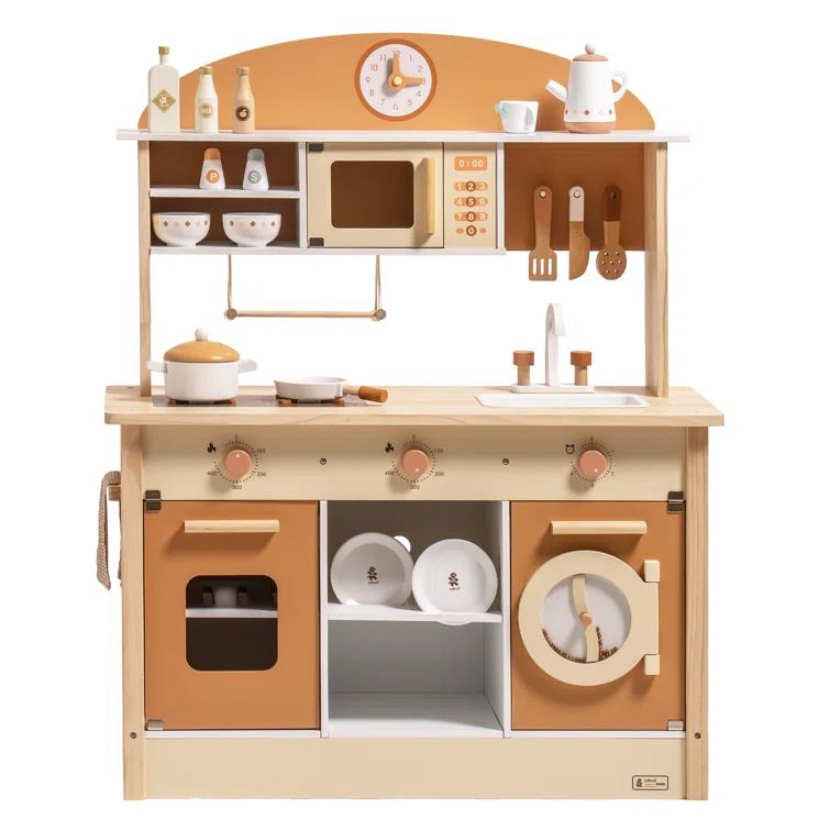 ROBUD Beige and Orange Wooden Play Kitchen Set with Accessories
