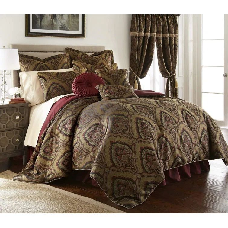 California King Burgundy Jacquard Medallion Comforter Set