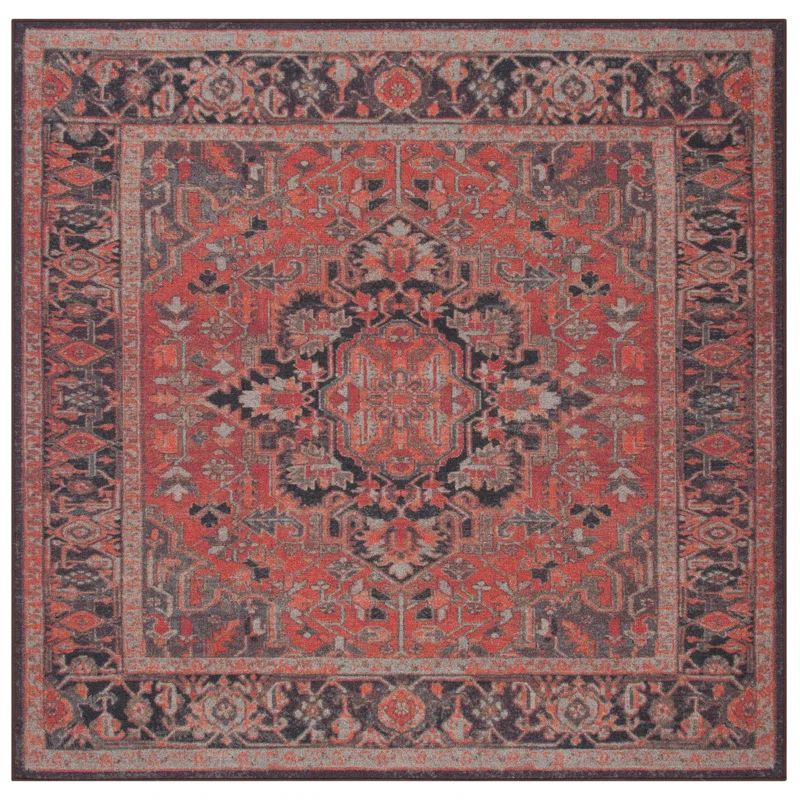 Red and Gray Square Stain-Resistant Synthetic Area Rug