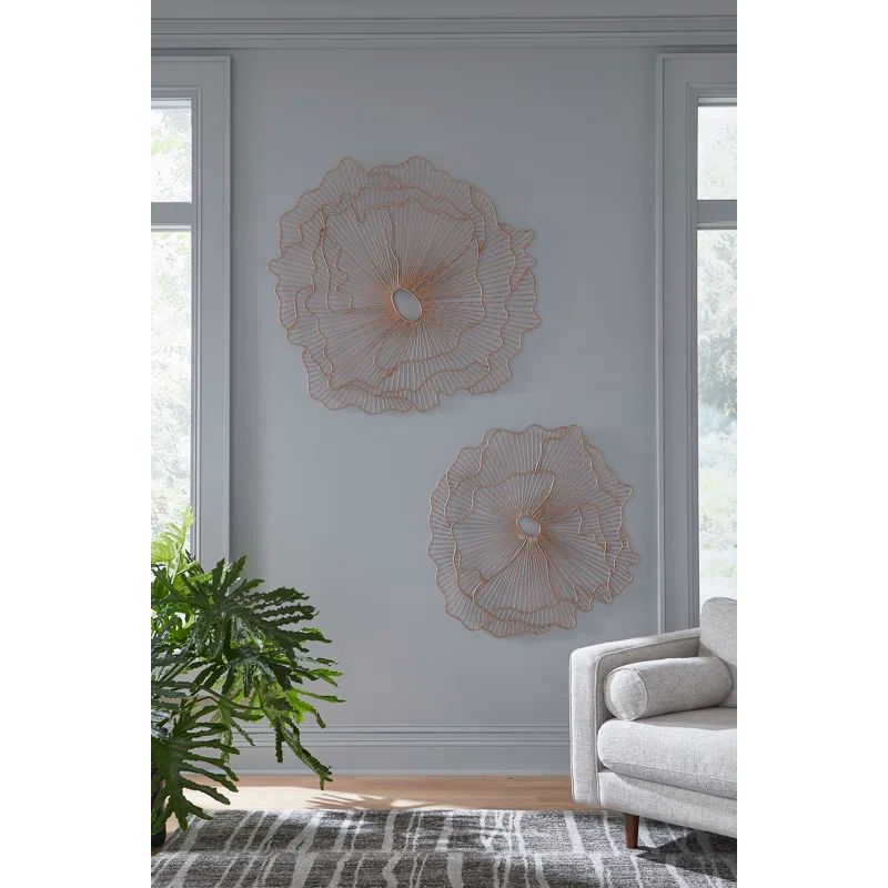 Copper Wire Flower Wall Sculpture, 36" Contemporary Art