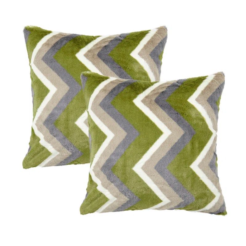 Chevron Taupe Green Faux Fur Embroidered Pillow Covers Set of 2