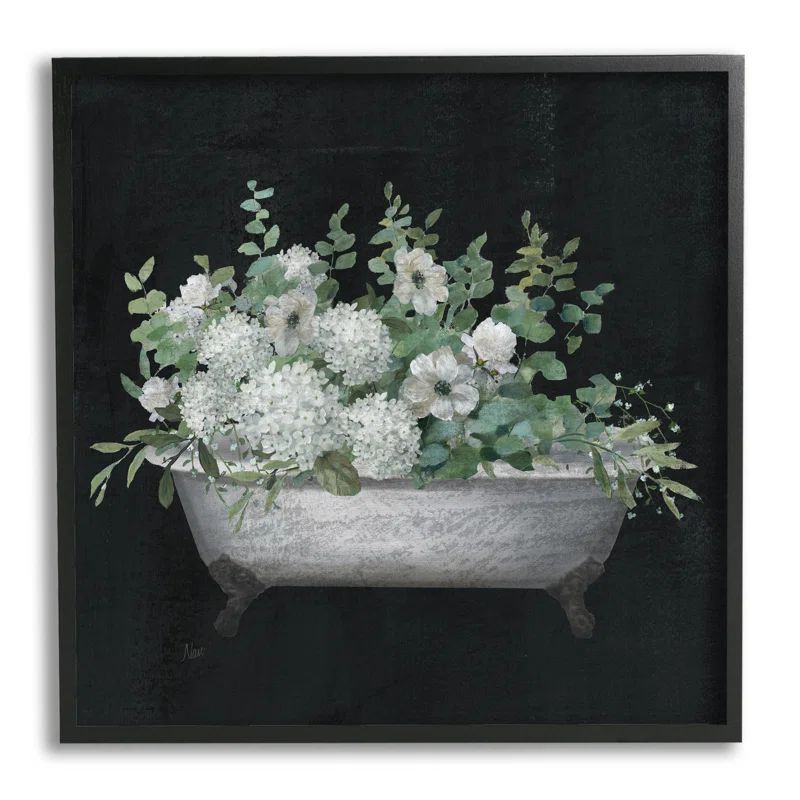 Vintage Clawed Bathtub Botanical White Flower Bouquet Black Framed Wall Art