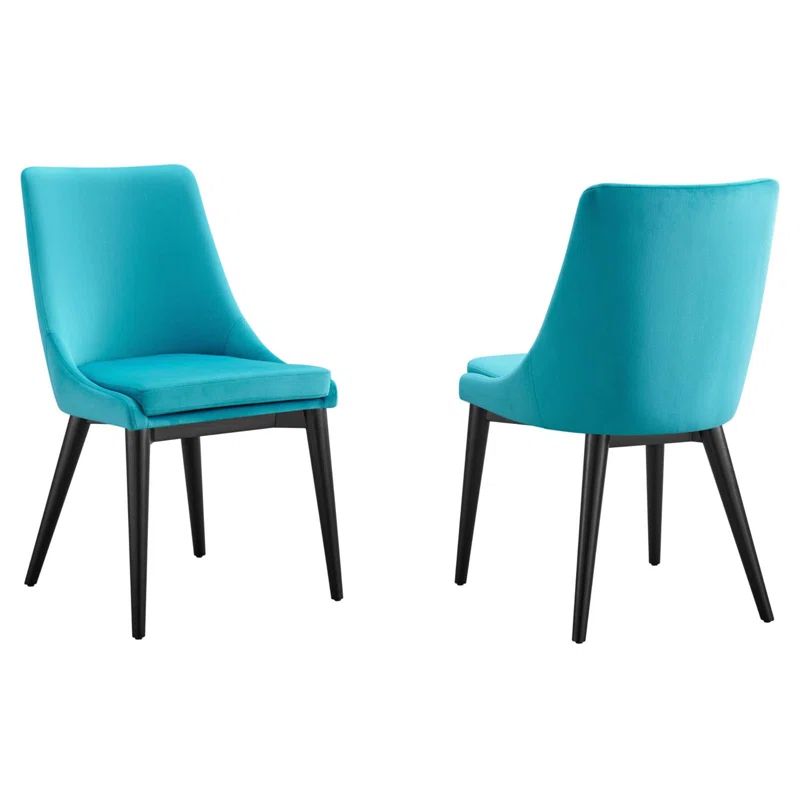Blue Velvet Upholstered Dining Chairs with Black Wood Legs, Set of 2
