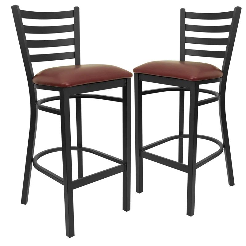 Red Metal and Wood Ladder Back Barstool with Vinyl Seat
