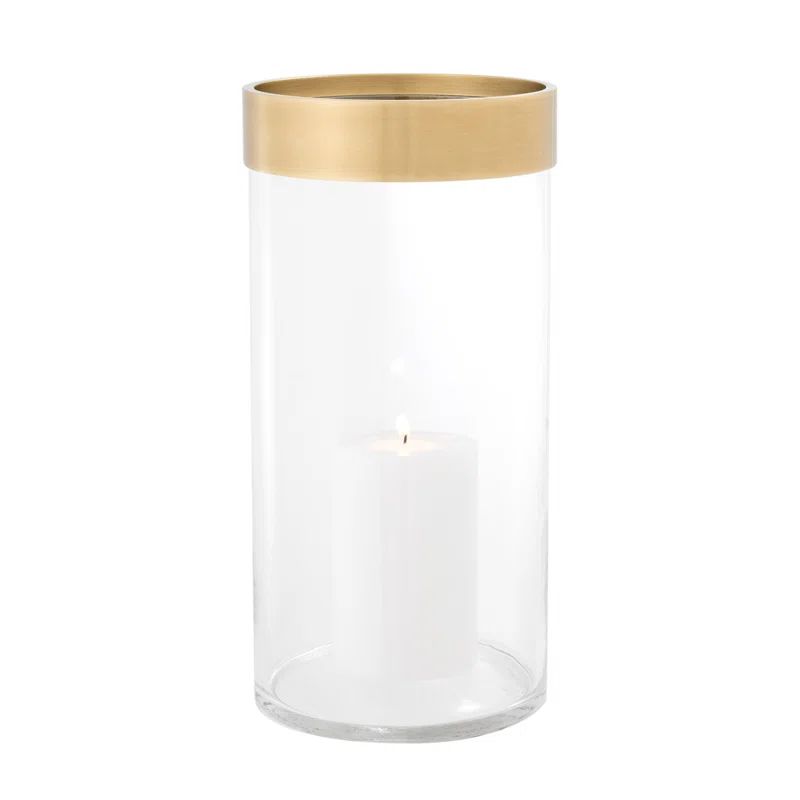 Vertex Modern Brass Rimmed Clear Glass Hurricane Candle Holder
