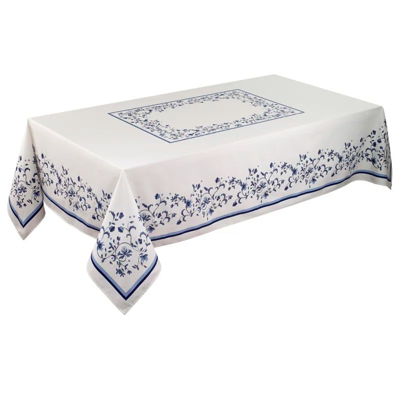 Blue and White Floral Cotton-Polyester Tablecloth, 120" x 60"