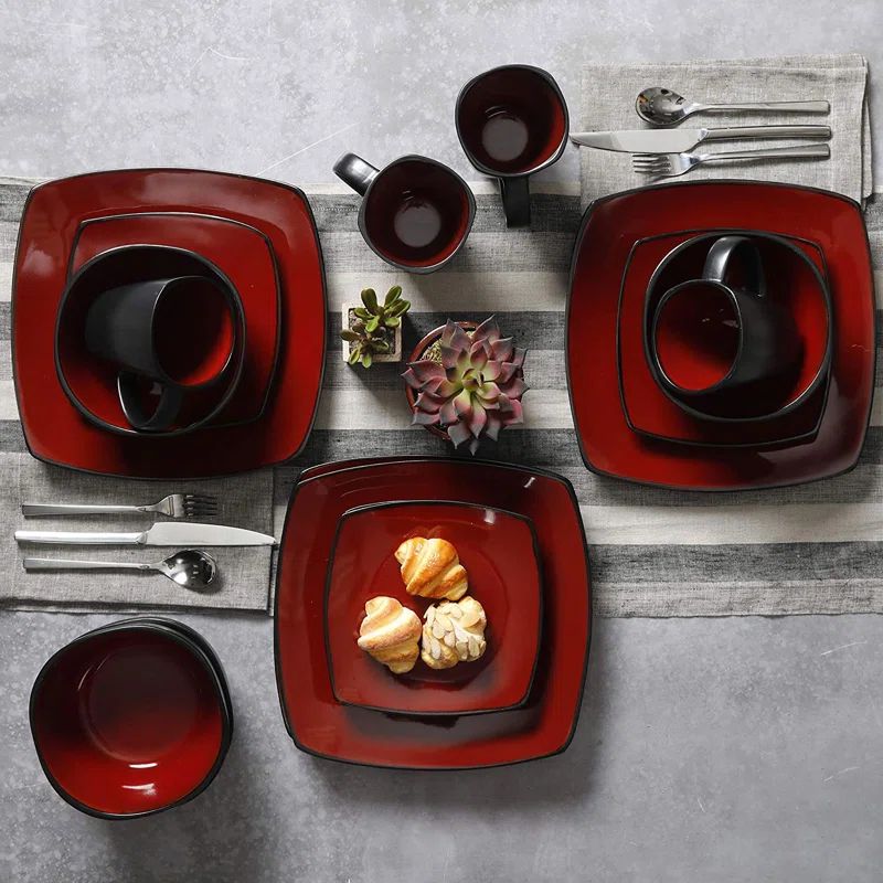Red and Black Square Porcelain Dinnerware Set for 4