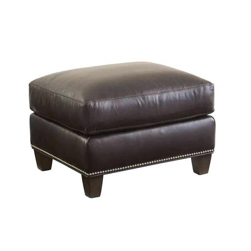 Strada Sleek Black Leather Rectangle Ottoman with Nailhead Trim