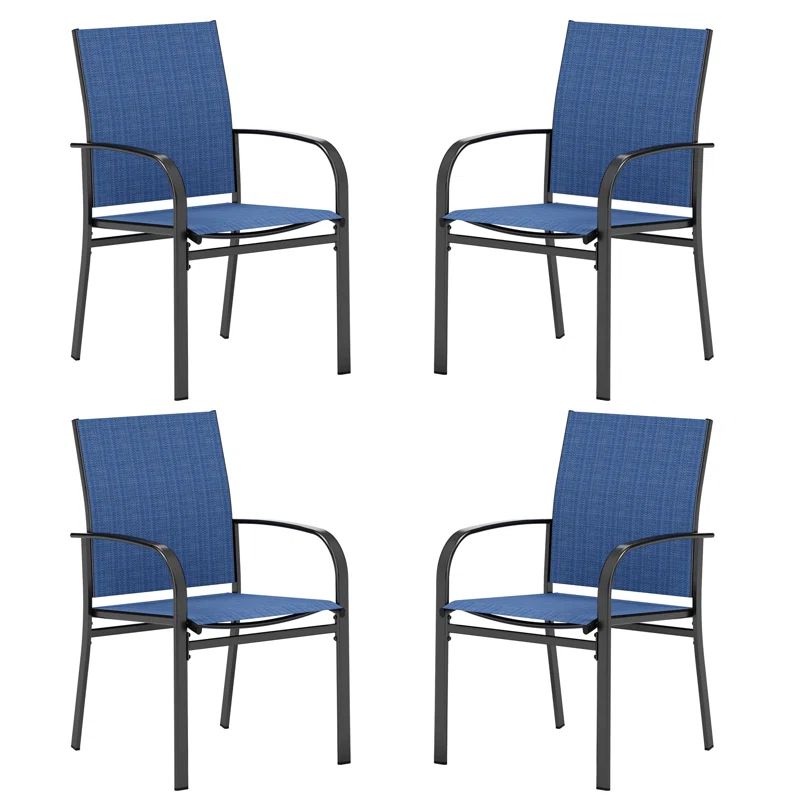 Blue and Black Ergonomic Steel Outdoor Dining Armchairs, Set of 4