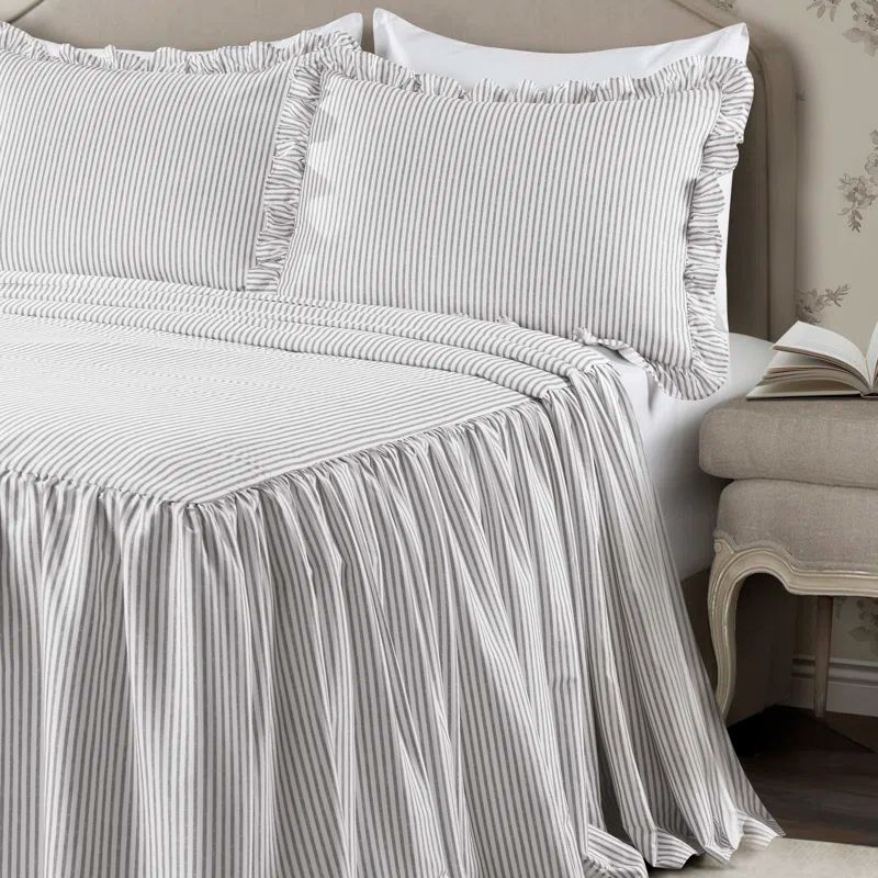 Gray Pinstripe Polyester King Bedspread Set with Ruffled Edges