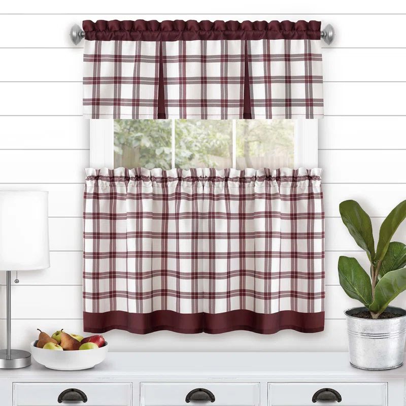 Burgundy and White Plaid Polyester Kitchen Window Curtain Set