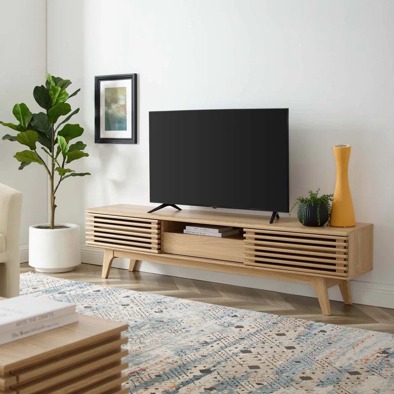 Mid-Century Modern Oak TV Stand with Sliding Doors and Storage