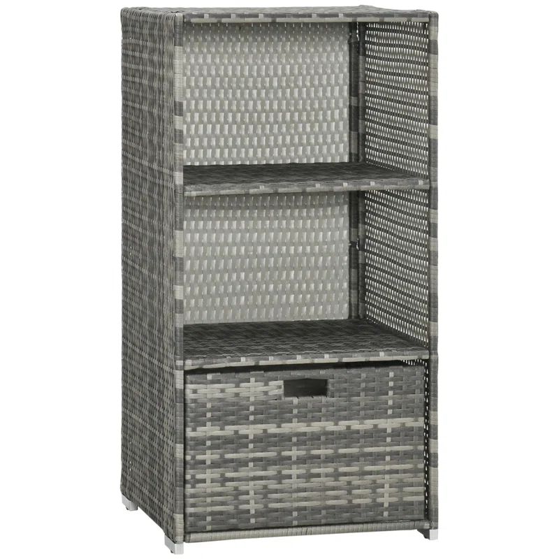 Gray Powder-Coated Plastic Wicker Poolside Storage Rack with Drawer
